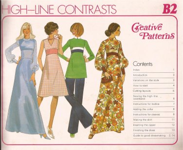 Creative Patterns B2 (1976) Vintage Long Dress Contrast Band Full Sleeves Wide Cuff Pattern UNCUT