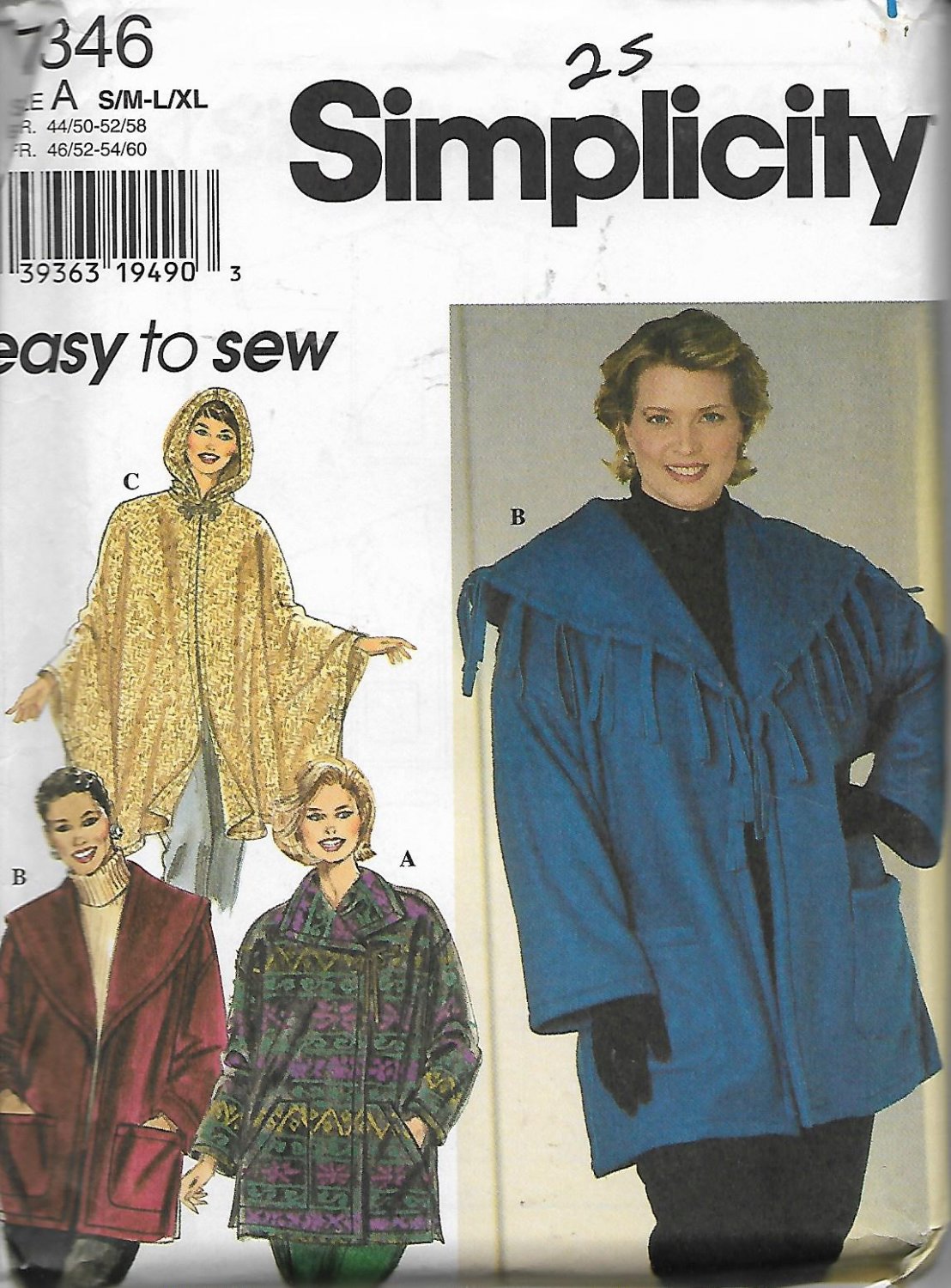 Simplicity 7346 (1996) Jacket Poncho Pattern Size S M L XL 18W 20W 22W ...