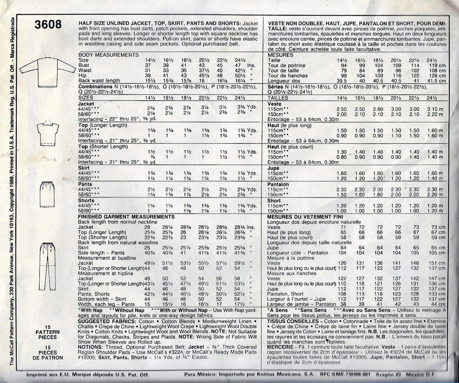 McCalls 3608 (1988) Unlined Jacket Top Skirt Pants Plus Half Size ...