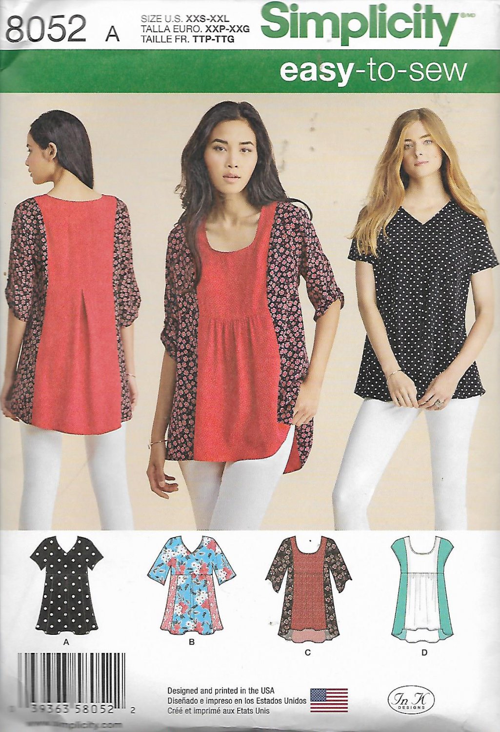 Simplicity 8052 (2016) Top Blouse Tunic Pattern Size 4 6 8 10 12 14 16 ...