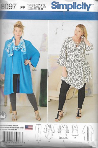 Simplicity 8097 (2016) Leggings Kimono Top Tunic Jacket Pattern Plus Size 18W 20W 22W 24W UNCUT