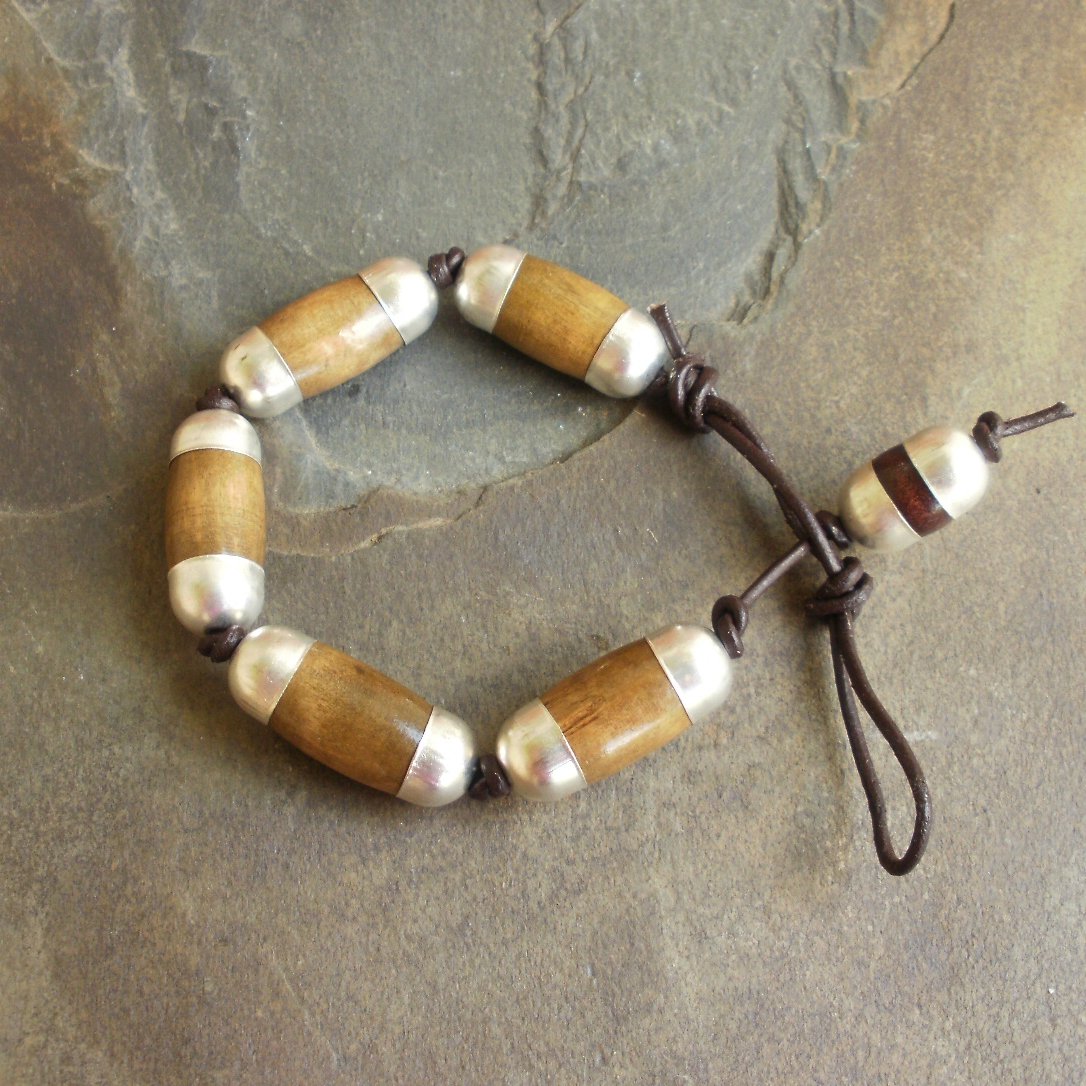 Organic Wood Beaded Knotted Brown Leather Bracelet Men
