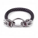 Silver Stainless Steel Dragon Leather Bracelet