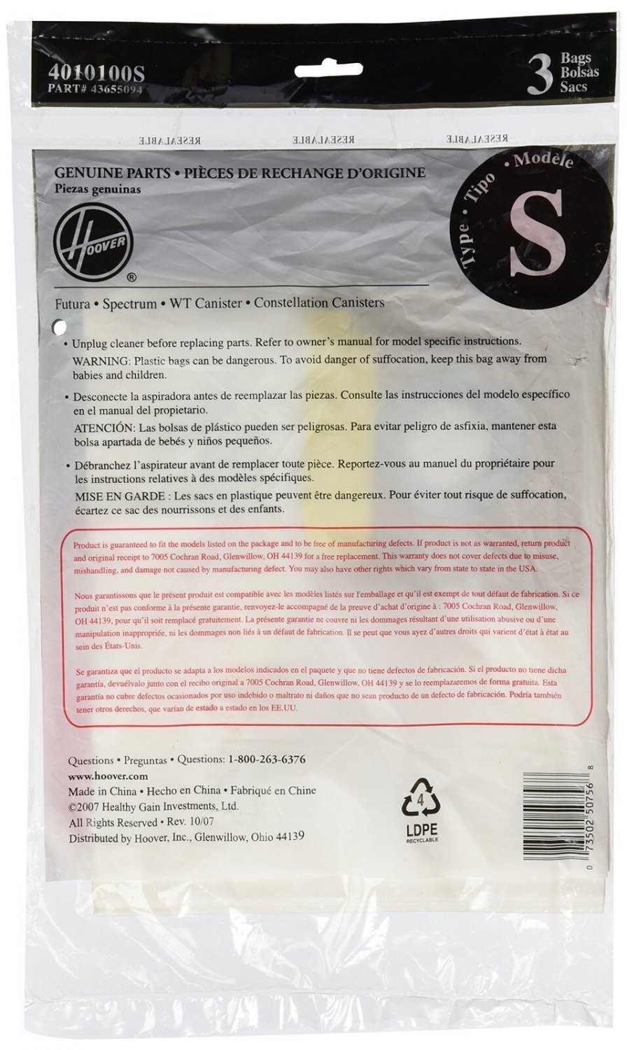 Hoover Type "S" Allergen Filtration Vacuum Bag 3 Pack