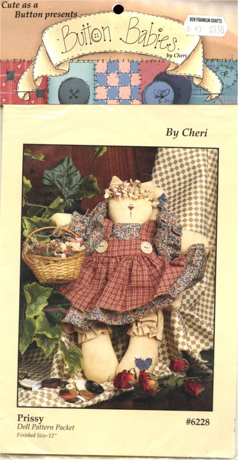 Button Babies 12' Cat Soft Doll Sewing Pattern Toys Prissy Darrow Production Co.