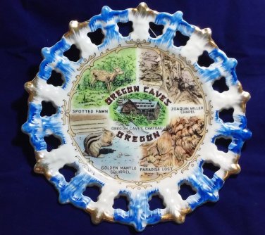 Vintage Oregon Caves Collectors Plate Pinwheel Cut Out Edges Blue Gold