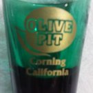 Shot Glass OLIVE PIT CORNING CALIFORNIA green glass