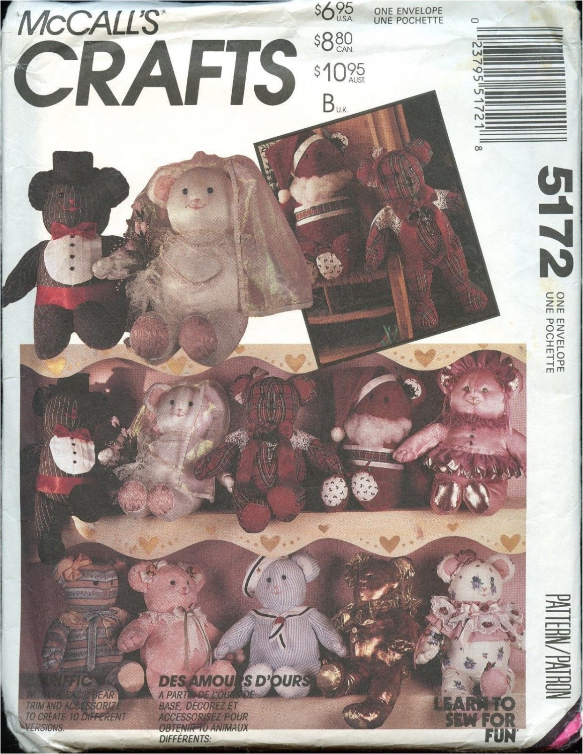 5172 Stuffed Bear Sewing Pattern 10 Different Wedding Bride Groom Santa McCalls