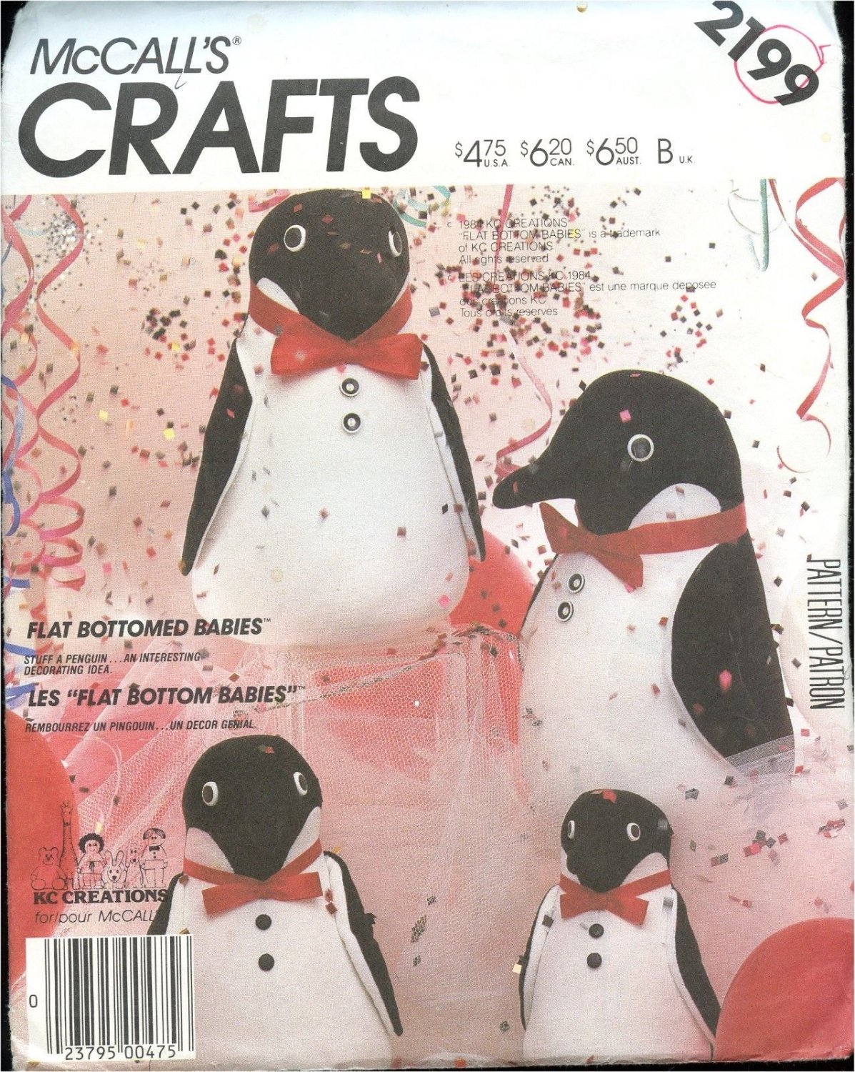 McCall's CRAFT Sewing Pattern #2199 FLAT BOTTOM Babies Penguins in 3 sizes Uncut