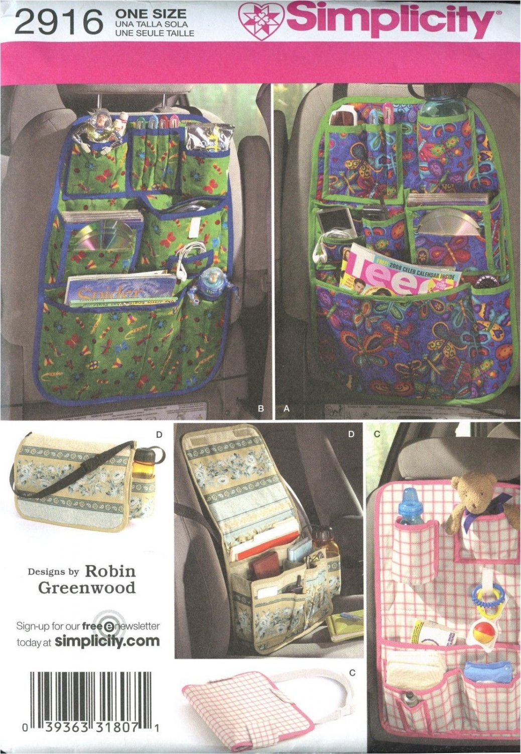 Simplicity Pattern # 2916 Car Seat Pocket Organizers for Family Travel