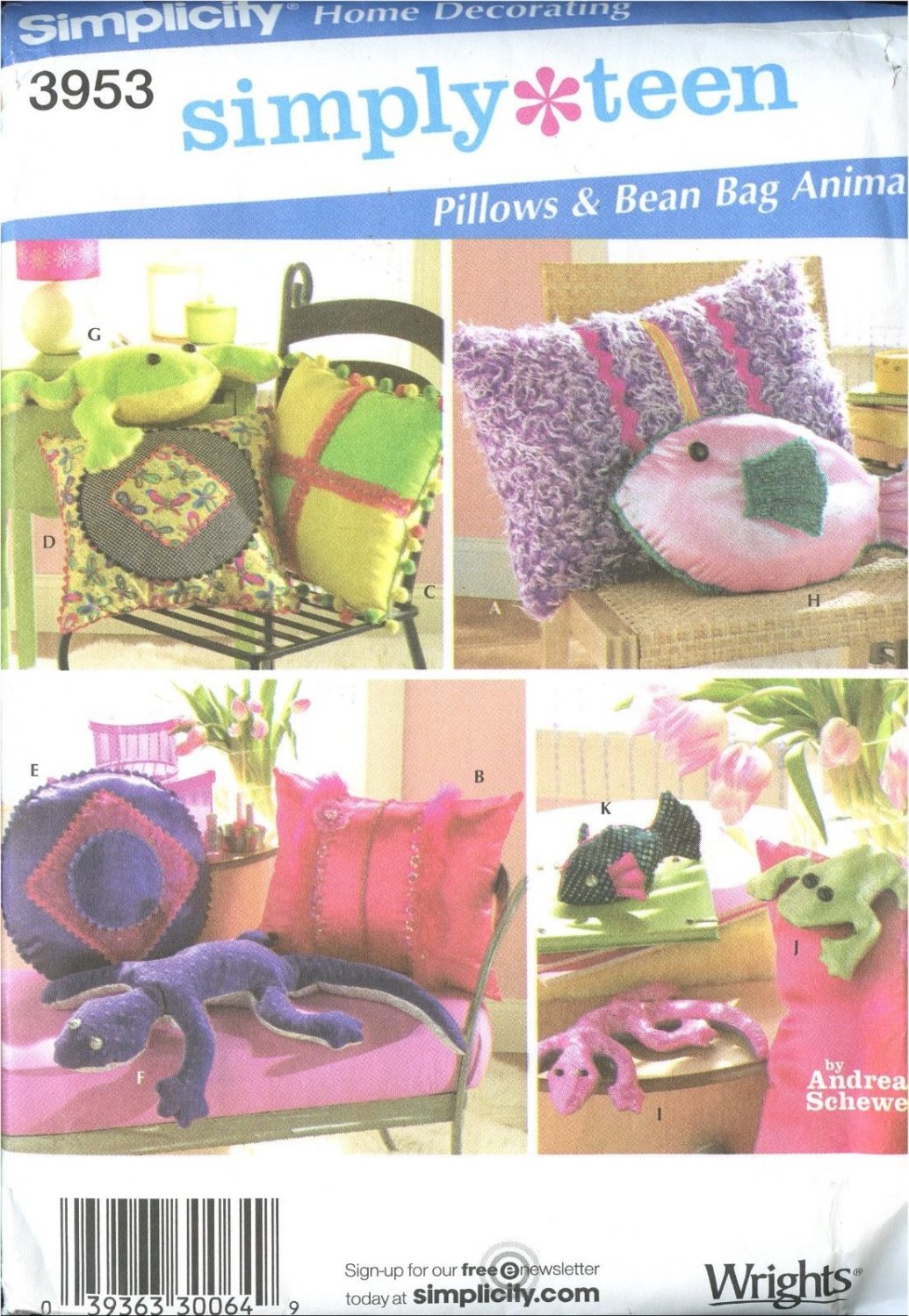 SIMPLICITY 3953 PATTERN THROW PILLOW BEAN BAG ANIMALS PILLOWS LIZARD FROG FISH