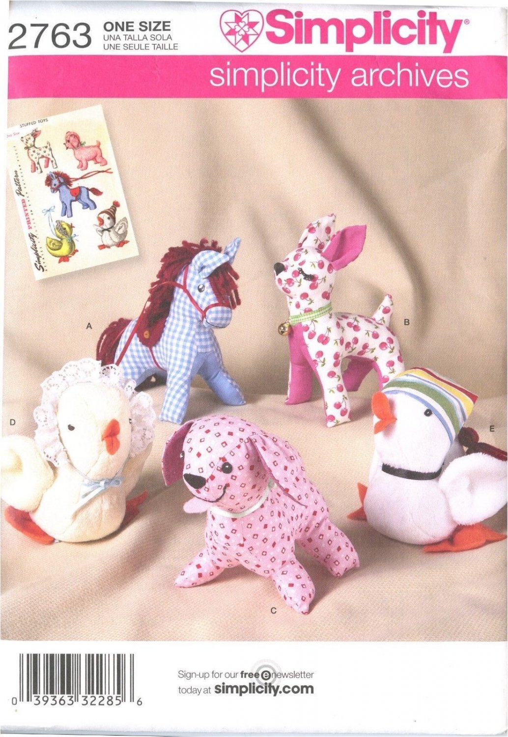 SIMPLICITY ARCHIVES Pattern 2763 Stuffed Animal Horse Deer Dog Chicken Duck Toy