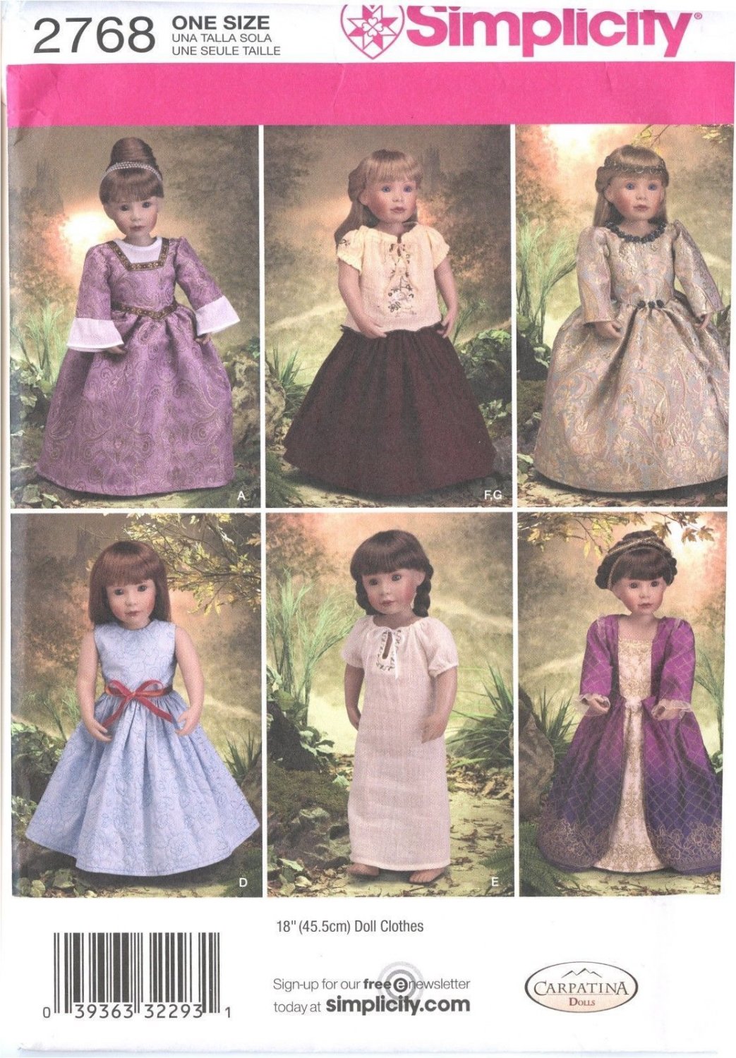Simplicity Pattern #2768 DOLL CLOTHES  18" Uncut Dresses top Skirts Nightgown
