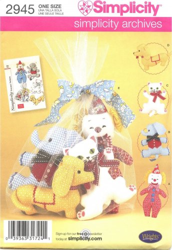 Simplicity 2945 SEWING PATTERN - Stuffed Animals CAT DOG ELEPHANT CLOWN