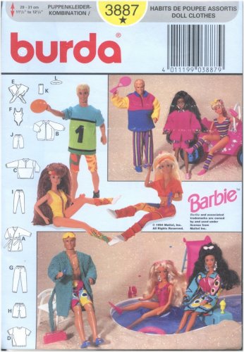 OOP Burda 11 1/2" Fasion Dolls Wardrobe Pattern 3887 Size 11 1/2"- 12 1/4"
