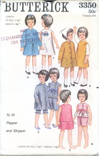 Butterick 3350 UNCUT Sewing Pattern 9.5" Teen Dolls Clothes Pattern Original!