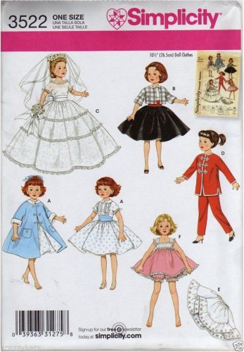 SIMPLICITY 10 1/2" (26.5cm) DOLL CLOTHES PATTERN 3522