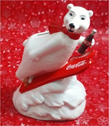 Coca-Cola Christmas Polar Bear Bank on Skis 1995 ENESCO Ceramic 7" No Box