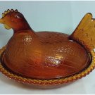 Vintage Chicken/Hen on Nest Covered Bowl/Dish Amber Opal Hobnail Carnival Glass