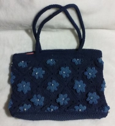 Arabella Blue Hand Bag Small Purse Blue Flowers White Pearls Short Straps