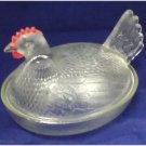 Indiana Glass Stippled Hen on Nest Crystal Clear Red Comb Candy Nut Chicken Dish