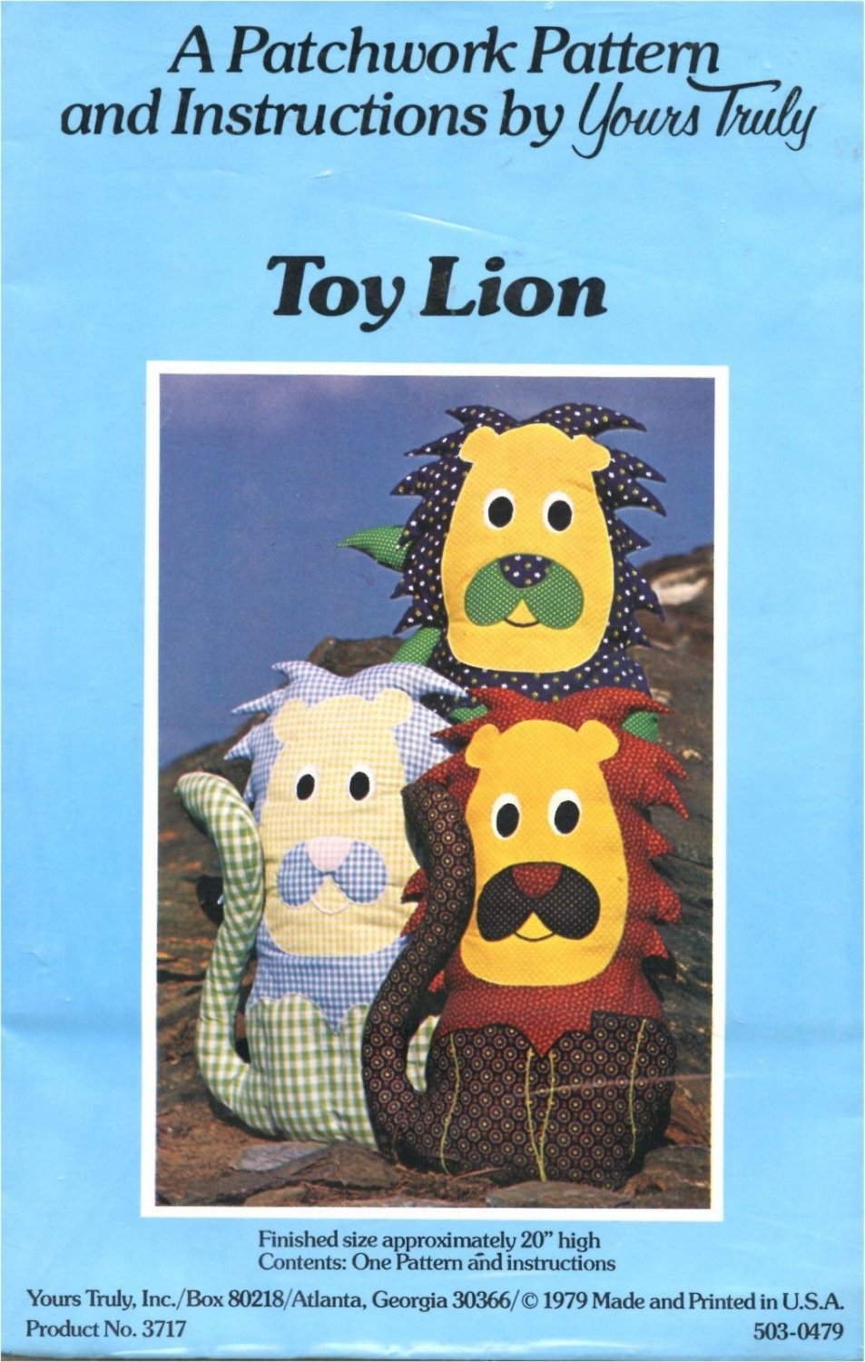Toy Lion A Patchwork Pattern and Instructions by Yours Truly 20" Animal