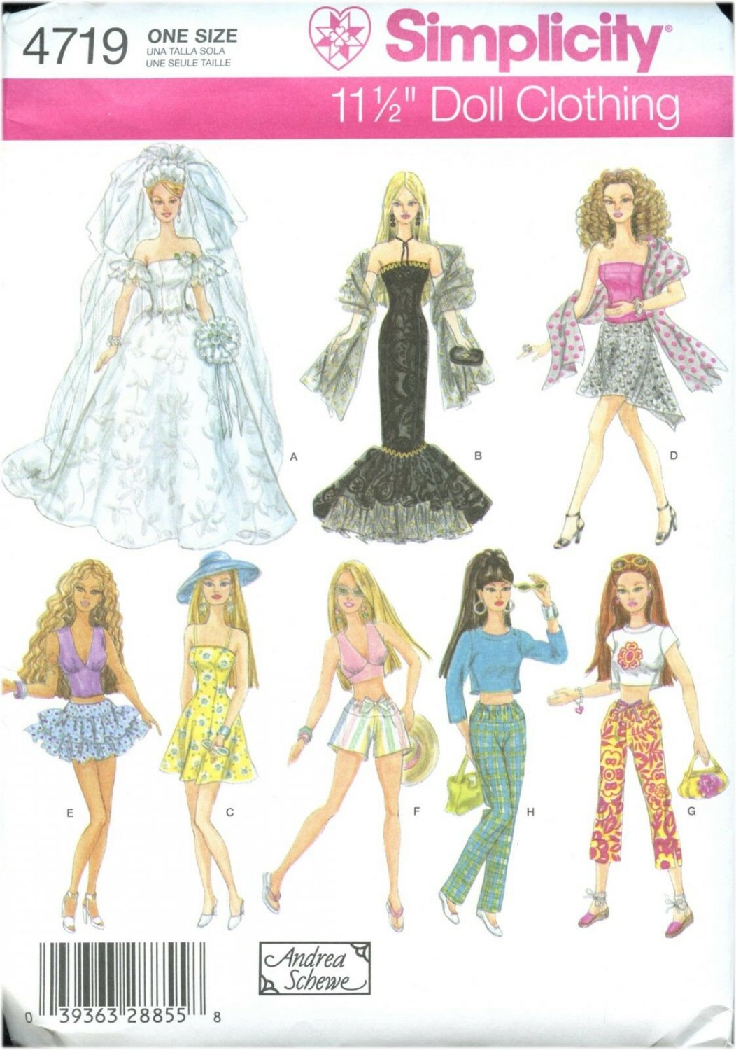 Simplicity 4719 Pattern 11 1/2" Fashion Doll Wedding Dress Gown Skirt Tops