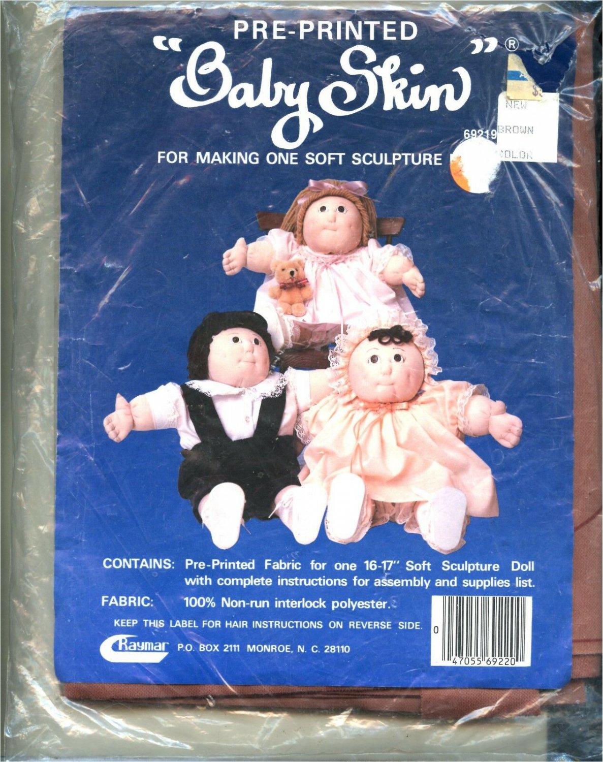 Raymar Pre-Printed Baby Skin Soft Sculpture Doll Instructions Kit 16-17" Brown