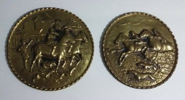 2 English Embossed & Hammered Brass Plates Hunting Horses Dogs 1950s