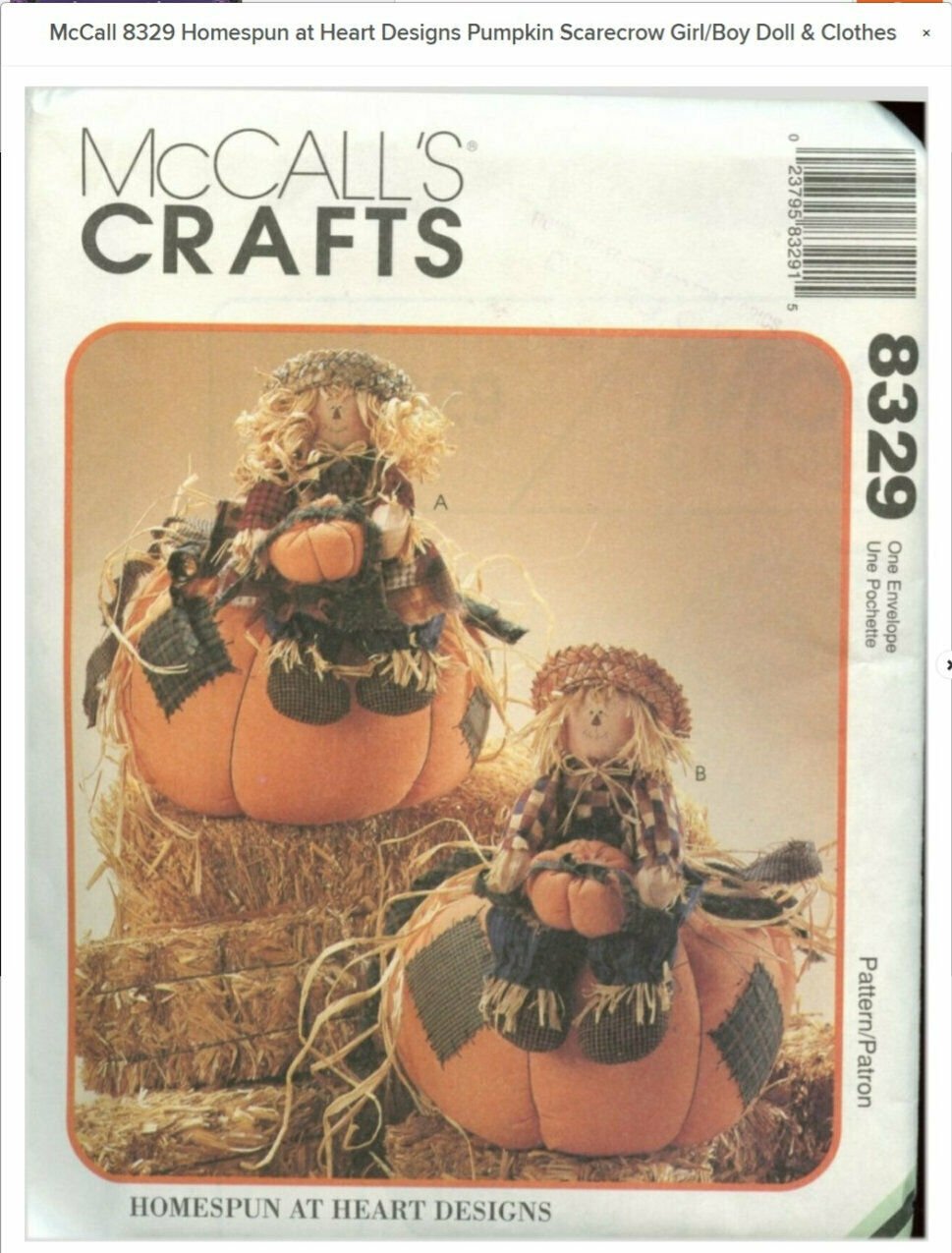 McCall's 8329 Homespun at Heart Pumpkin Scarecrow Girl/Boy Doll & Clothes