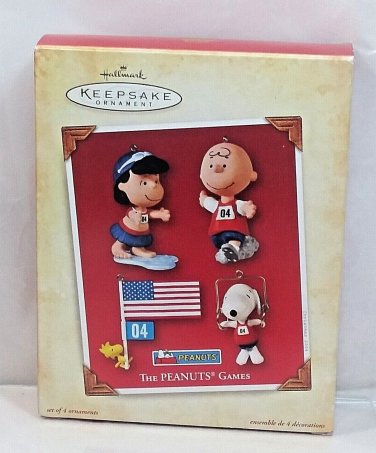 Hallmark The Peanuts Games Keepsake Ornament Set Snoopy Sports US Flag 2004
