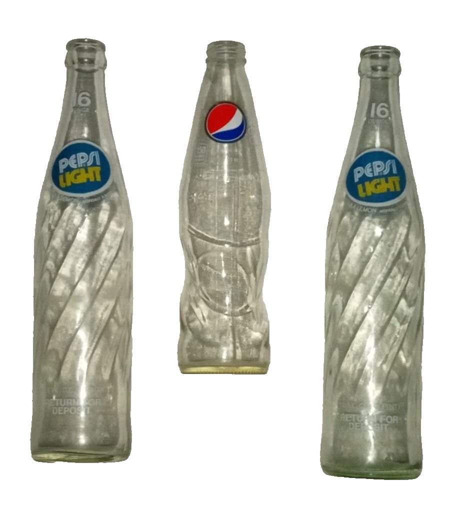 Lot 3 PEPSI Clear Glass bottles 2 16oz Pepsi LIGHT Bottles 1  12oz Solid Logo