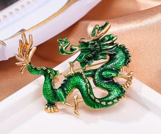 Dragon Brooch Green Gold Pinback for Suits Ties Tie Clip Hats Jackets Hat