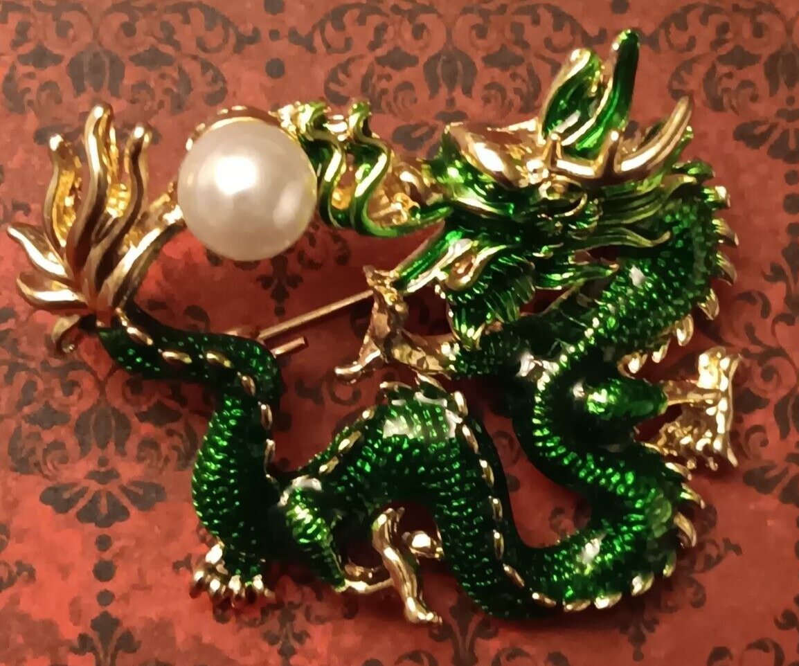 Dragon Brooch Green Gold Pinback for Suits Ties Tie Clip Hats Jackets Pearl Hat