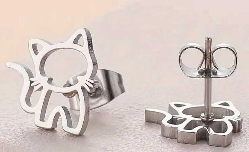 1 Pair Silver Colored Elegant Fashion Cute Cat Stud Earrings Ear Cats