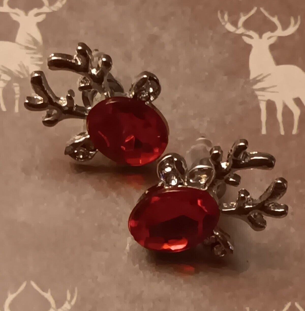 Deer Buck Antler Christmas Earrings Silvery Red Colored Stud Back Pierced Pair