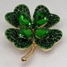 Sparkling Four 4 Leaf Clover Brooch Pinback Green Gold St Patrick's Day Pin