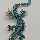 Sparkling Antique Gold Colored Rhinestone Blue Lizard Gecko Brooch Pinback Pin