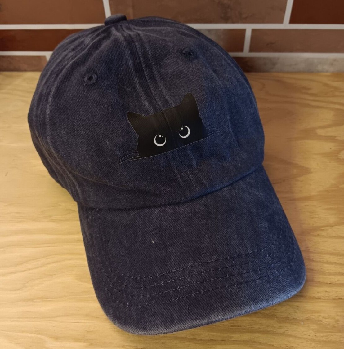 Navy Blue Baseball Cap New Black Cat Staring at You Adjustable Kitty Hat New