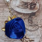 Antique Gold Colored Blue Rose Faux Pearl Rhinestone Hat Pin Corsage Hair