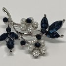 Dark Blue Flowers Sparkling Brooch Pinback Silvery Colored Rhinestones Pearl Pin