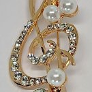 Musical Symbol Sparkling Rhinestone Pearl Brooch Pinback Pin Gold Colored