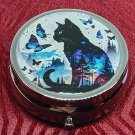 Black Cat Decorative Metal Pill Box Small Round Medicine Organizer for Purse