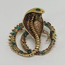 Antique Gold Colored Serpent Cobra Snake Rhinestone Brooch Pinback Pin Brooch