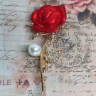 Beautiful Gold Colored Red Rose Faux Pearl Rhinestone Brooch Pinback Pin Brooch