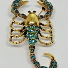 Scorpion Pinback Sparkling Golden Colored Rhinestone Brooch Pin Green Blue Lapel