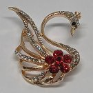 Swan Bird Sparkling Golden Brooch Clear Rhinestone Red Flower Pinback Lapel Pin
