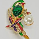 Parrot Colorful Sparkling Brooch Golden Colored Rhinestone Pearl Pinback Pin
