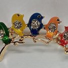 Sparkling 5 Little Birds Rhinestones on a Golden Branch Brooch Pinback Lapel Pin