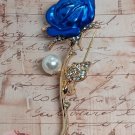 Gold Colored Blue Rose Faux Pearl Rhinestone Pin Pinback Brooch New Collar Lapel